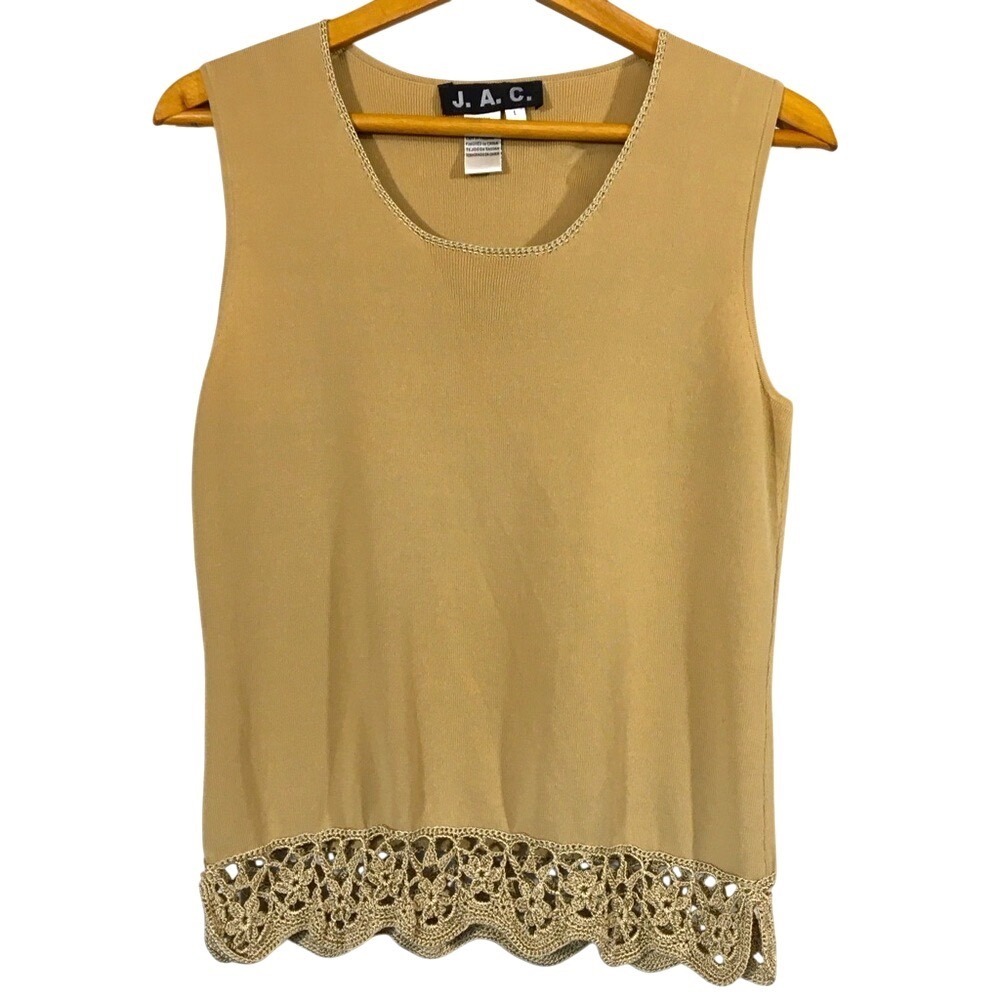J.A.C. Crochet Lace Hem Knit Tank Top Size L Tan Gold